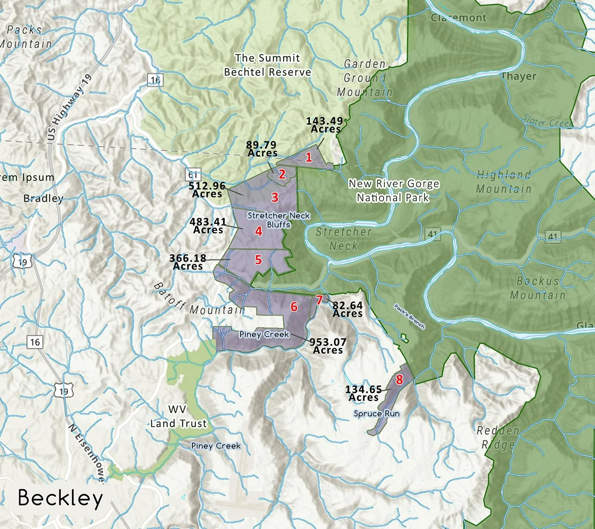 A map of the parcels purchased.