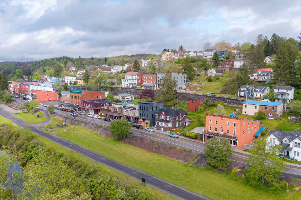 Ariel view of a main street in a mountain town