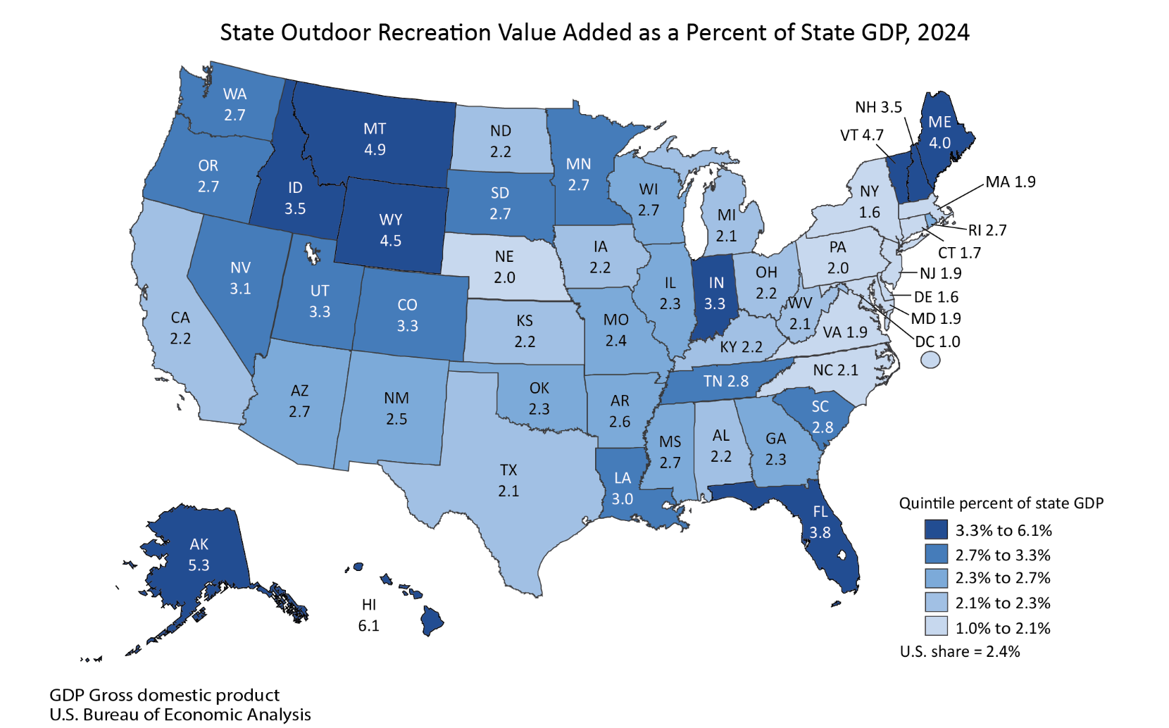 A map of the US that shows the value added of outdoor recreation as a percent of state gdp for all states. 