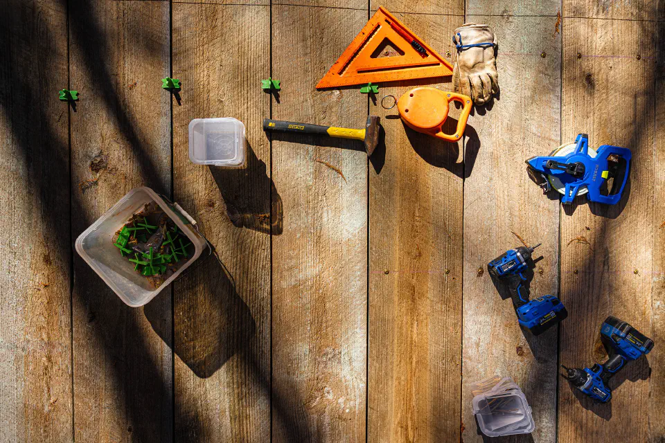 Tools laying on a wooden platform