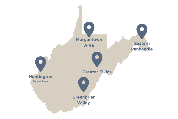 Map of West Virginia with featured First Ascent Communities: Morgantown area, Greater Elkins, Eastern Panhandle, Greenbrier Valley, and Huntington coming soon. 